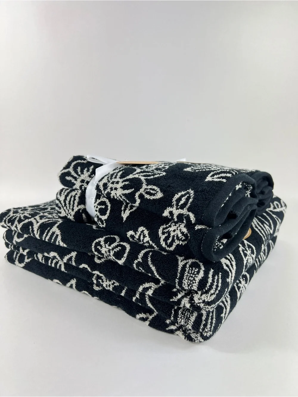 Common Thread Bath Towel Set Bold Black Cream Floral Soft Cotton 6 Pc NEW